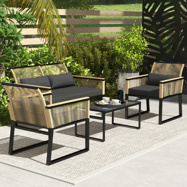 Polyrattan Tuinmeubelset Voor 4 Personen, Weerbestendige Balkonmeubelset Met 2 Zits Bank, 2 Stoelen Glastafel Zitkussens, Outdoor Zitgroep, Terrasmeubels Tuinset Voor Tuin Balkon, Zwart 2