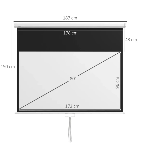 Projectiescherm 172 X 96 Cm Handmatig, Rolscherm Voor 4k Hd, Filmscherm Voor Thuisbioscoop En Presentaties, Wit 4