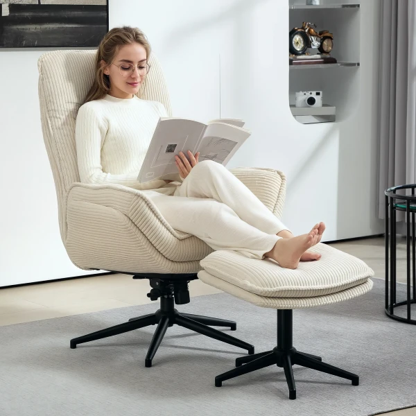 Relaxstoel Met Kruk 360° Draaibare Tv Stoel Met Ligfunctie, Tv Stoel Met Koord Optiek, Ruststoel Voor Woonkamer, Slaapkamer, Beige 2