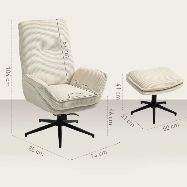 Relaxstoel Met Kruk 360° Draaibare Tv Stoel Met Ligfunctie, Tv Stoel Met Koord Optiek, Ruststoel Voor Woonkamer, Slaapkamer, Beige 4