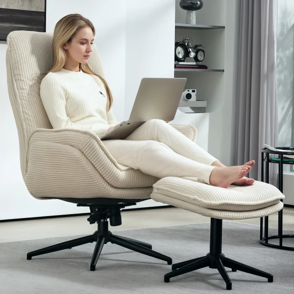 Relaxstoel Met Kruk 360° Draaibare Tv Stoel Met Ligfunctie, Tv Stoel Met Koord Optiek, Ruststoel Voor Woonkamer, Slaapkamer, Beige 9