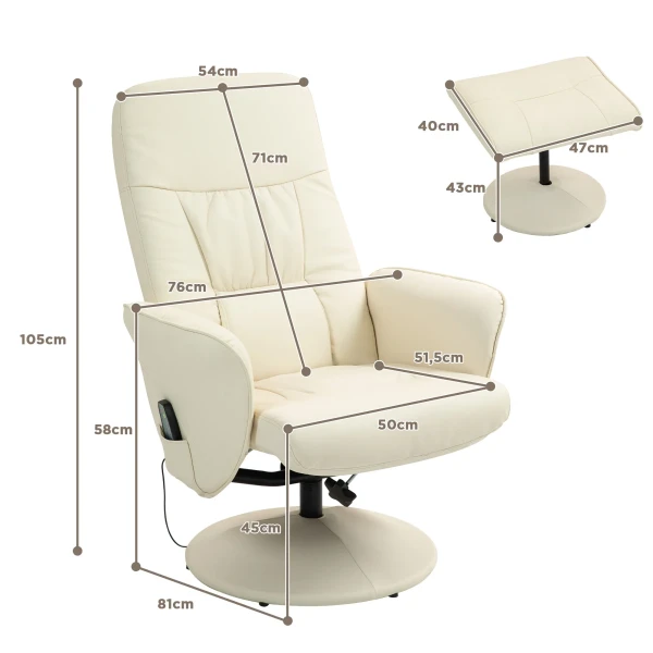 Relaxstoel Met Voetenbank, Elektrische Massagestoel Met Ligfunctie, 10 Massagepunten, Draaibare Televisiestoel Met Zijvak, Afstandsbediening, Kunstleer, Crèmewit 4