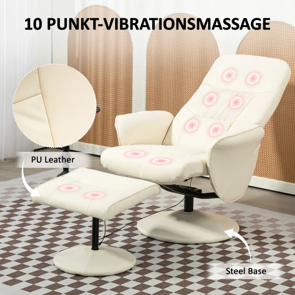 Relaxstoel Met Voetenbank, Elektrische Massagestoel Met Ligfunctie, 10 Massagepunten, Draaibare Televisiestoel Met Zijvak, Afstandsbediening, Kunstleer, Crèmewit 5