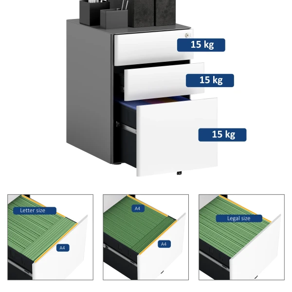 Rolcontainer, Mobiele Archiefkast Met 3 Lades, Afsluitbare Kantoorkast Met Hangmappen, Opslag, Staal, 39 X 48 X 59 Cm Wit+grijs 9