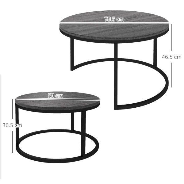 Ronde Salontafel Set Van 2 Stapelbare Bijzettafel Met Metalen Frame, Woonkamertafel Met Houtlook Koffietafel Voor Woonkamer Slaapkamer Zwart 4