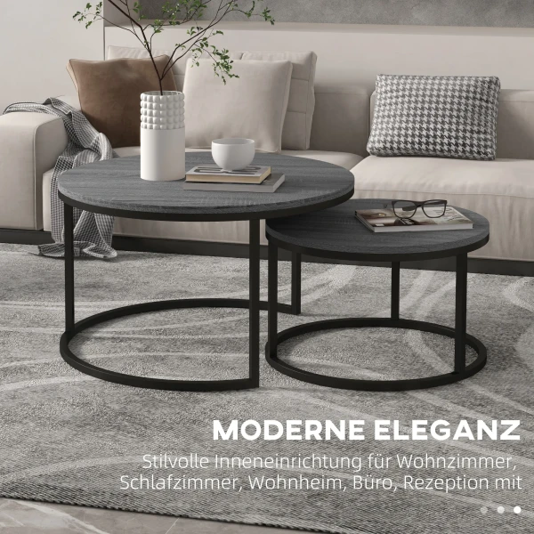 Ronde Salontafel Set Van 2 Stapelbare Bijzettafel Met Metalen Frame, Woonkamertafel Met Houtlook Koffietafel Voor Woonkamer Slaapkamer Zwart 5