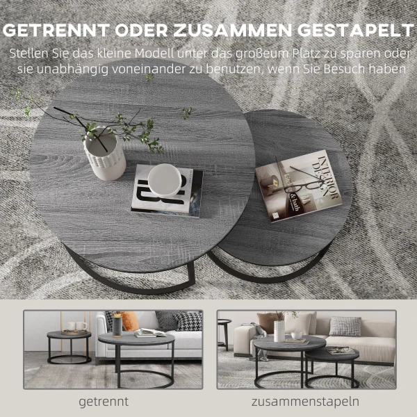 Ronde Salontafel Set Van 2 Stapelbare Bijzettafel Met Metalen Frame, Woonkamertafel Met Houtlook Koffietafel Voor Woonkamer Slaapkamer Zwart 6