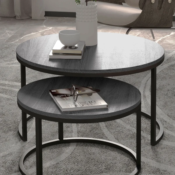 Ronde Salontafel Set Van 2 Stapelbare Bijzettafel Met Metalen Frame, Woonkamertafel Met Houtlook Koffietafel Voor Woonkamer Slaapkamer Zwart 9