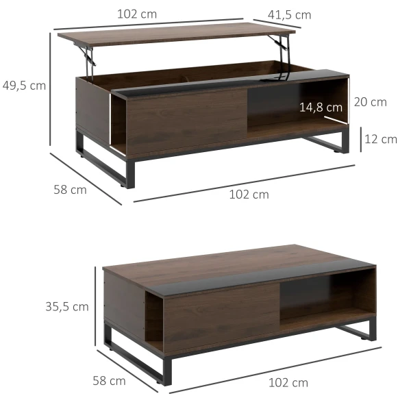 Salontafel Bijzettafel Met Hefunctie 102x58x35,5cm Moderne Sofatafel Met Opbergruimte Van Staal In Walnoot Zwart 4