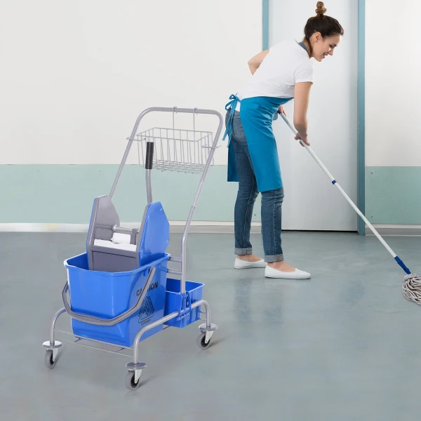 Schoonmaakwagen, Reinigingswagen, Rijdende Emmer, Schoonmaakemmer 25 Liter, Dweilwagen Met Wringer, Haken Voor Mop Huishoudwagen Met 4 Wielen Blauw 2