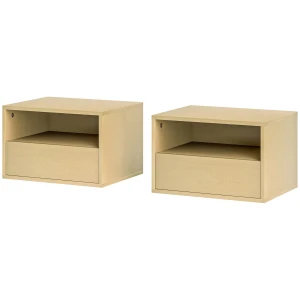 Set Van 2 Hangende Nachtkastjes, Zwevende Nachtkast Met Lade, Open Plank, Wandkast Voor Slaapkamer, Woonkamer, 45 X 35 X 27,5 Cm, Natuurhout 1