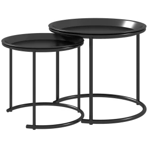 Set Van 2 Salontafels, Ronde Bijzettafel, Stapelbare Woonkamertafel, Sofatafel Voor Woonkamer, Slaapkamer, Hal, Staal, Ø43/35 Cm, Zwart 1