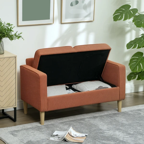 Sofa 2 Zits Kleine Bank Met Armleuning, Opbergruimte, Modern Gestoffeerde Bank Met Corduroy Look, Houten Poten, Kussens, Loungebank Voor Woonkamer, Slaapkamer, 117 X 63 X 79 Cm, Roze 9