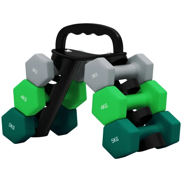 Sportnow 6 Delige Set Dumbbells 2 X 3 Kg, 2 X 4 Kg, 2 X 5 Kg, Dumbbell Set Met Standaard, Hexagon Dumbbells Set, Voor Krachttraining, Fitness Thuis Sportschool, Grijs+groen+turkoois 1