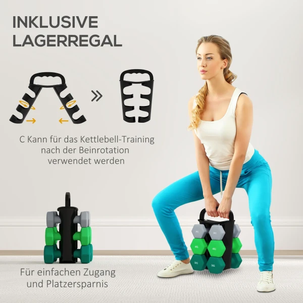 Sportnow 6 Delige Set Dumbbells 2 X 3 Kg, 2 X 4 Kg, 2 X 5 Kg, Dumbbell Set Met Standaard, Hexagon Dumbbells Set, Voor Krachttraining, Fitness Thuis Sportschool, Grijs+groen+turkoois 6