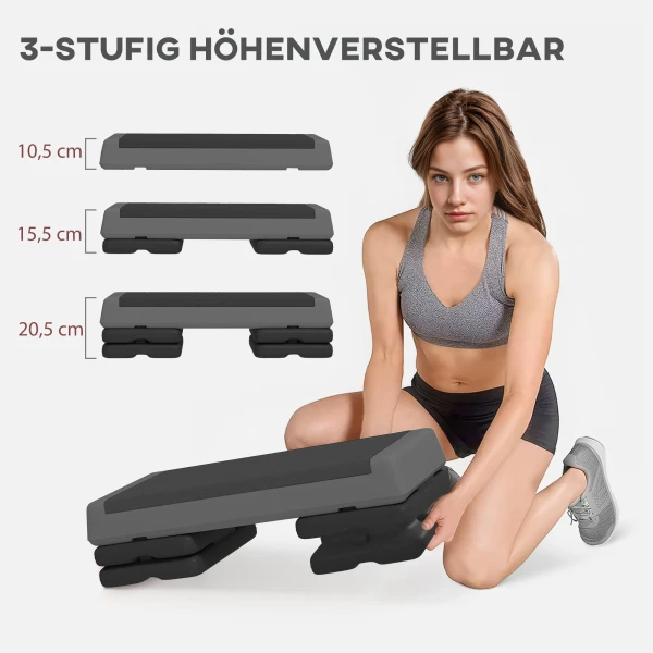 Sportnow Aerobic Stepper, 10,5/15,5/20,5cm Hoogte Verstelbaar Stepbord, Antislip, Voor Thuis, Fitnessstudio, Kantoor, Kunststof, Grijs 5