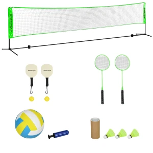 Sportnow Badminton Set, Badmintonnet Met Standaard, Shuttlecocks, 4 Rackets, Verstelbaar Volleybalnet, Met Draagtas, Voor Binnen, Buiten 1