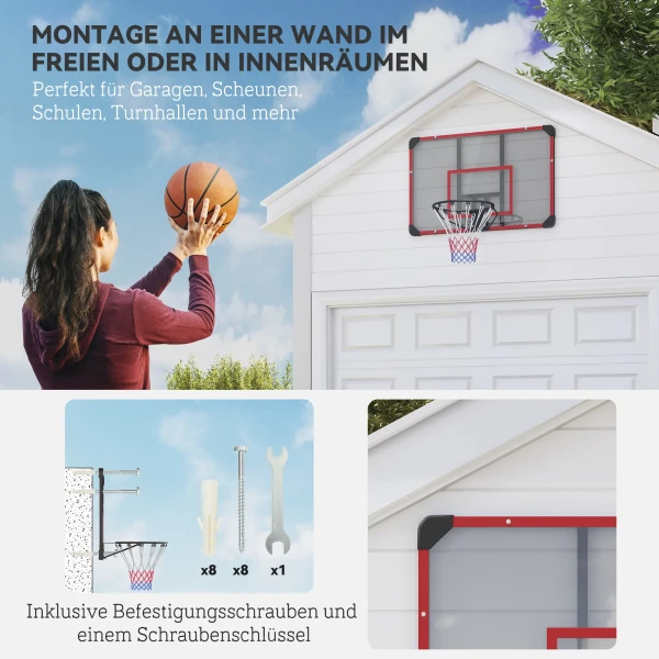 Sportnow Basketbalring, Basketbalbord Met Ring, Basketbalnet Met Basketbalbord, Wandmontage, Voor Buiten, Staal, 113 X 61 X 73 Cm, Rood 5