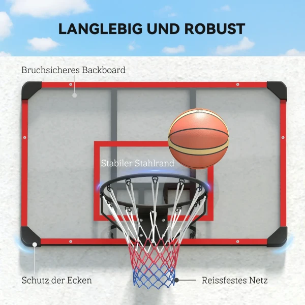 Sportnow Basketbalring, Basketbalbord Met Ring, Basketbalnet Met Basketbalbord, Wandmontage, Voor Buiten, Staal, 113 X 61 X 73 Cm, Rood 6