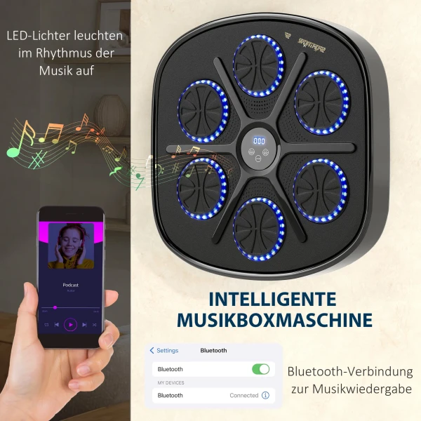 Sportnow Muziek Boks Machine, Elektronische Bluetooth Boksmachine Met Led Verlichting, Muziek, Wandmontage Boksdoel Voor Volwassenen, Thuisoefeningen, Zwart 6