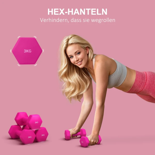 Sportnow Set Van 2 Dumbbells 2 X 3 Kg Dumbbellset, Vloervriendelijke Hexagon Dumbbell Set Voor Krachttraining, Thuis, Roze 5