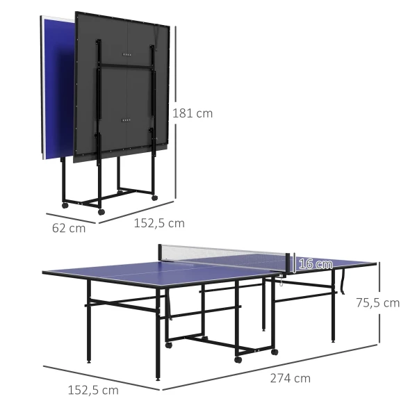 Sportnow Tafeltennistafel, Vierdelig Opvouwbare Tafeltennistafel Met Wielen, Tafeltennisset Met 2 Tafeltennisbatjes, 3 Ballen, Outdoor Indoor Staal, Blauw, 274 X 152,5 X 75,5 Cm 4