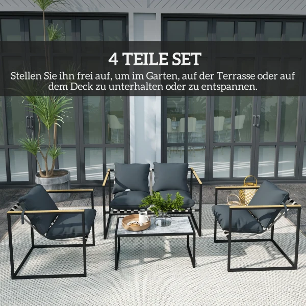 Stalen Tuinmeubelset 4 Personen Weerbestendig Balkonmeubelset Met 2 Zits Sofa 2 Stoelen, Zitkussens, Bijzettafel, Outdoor Zitgroep Terrasmeubels Tuinset Voor Tuin Terras Balkon Grijs 5