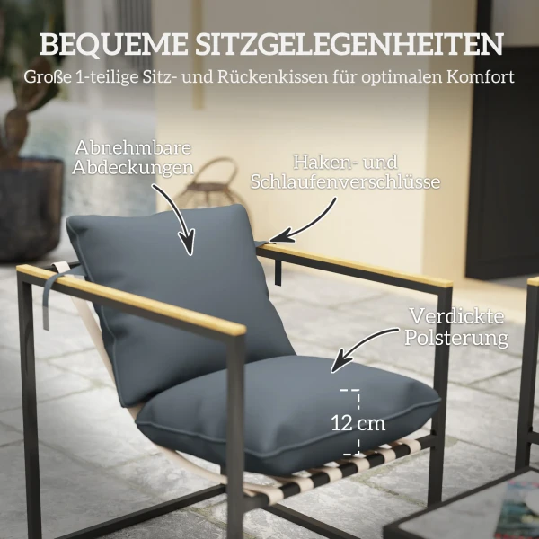 Stalen Tuinmeubelset 4 Personen Weerbestendig Balkonmeubelset Met 2 Zits Sofa 2 Stoelen, Zitkussens, Bijzettafel, Outdoor Zitgroep Terrasmeubels Tuinset Voor Tuin Terras Balkon Grijs 6