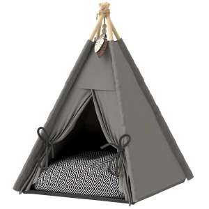 Tipi Tent Voor Huisdieren, Kattentent Met Afneembaar En Wasbaar Kussen, Kattenhuis Met Antislip Bodem, Speelbal, Voor Katten Onder 5kg, Mini Honden, 60 X 60 X 76 Cm, Grijs 1