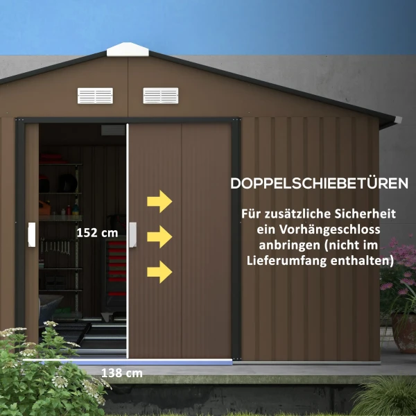 Tuinhuis 12,4 M², Tuinhuis Met Lessenaarsdak, Schuifdeur, Fundering, 340 X 386 X 200 Cm, Gereedschapsschuur Van Verzinkt Staal, Weerbestendig, Voor Tuin, Bruin 6