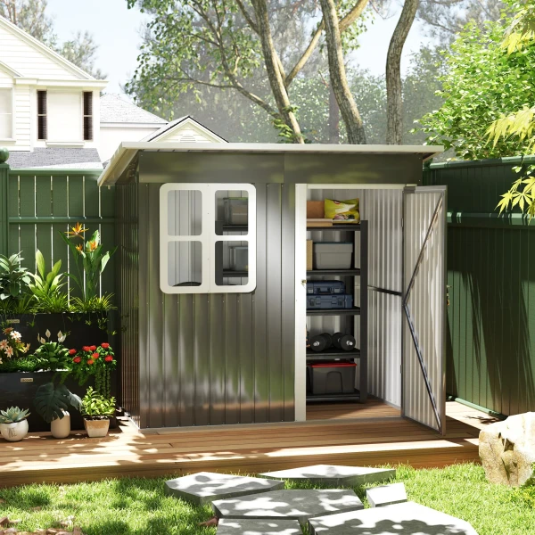 Tuinhuis 2,55m², Tuinhuis Met Zadeldak, 221 X 133 X 190/173 Cm, Tuinschuur Met Afsluitbare Deur, Raam, Fietsgarage, Tuinkast Van Staal, Voor Achtertuin, Tuin, Donkergrijs 2