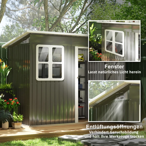 Tuinhuis 2,55m², Tuinhuis Met Zadeldak, 221 X 133 X 190/173 Cm, Tuinschuur Met Afsluitbare Deur, Raam, Fietsgarage, Tuinkast Van Staal, Voor Achtertuin, Tuin, Donkergrijs 6