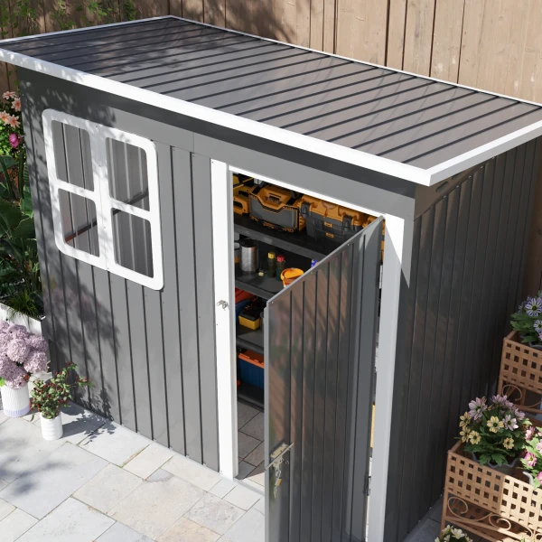Tuinhuis 2,55m², Tuinhuis Met Zadeldak, 221 X 133 X 190/173 Cm, Tuinschuur Met Afsluitbare Deur, Raam, Fietsgarage, Tuinkast Van Staal, Voor Achtertuin, Tuin, Donkergrijs 9