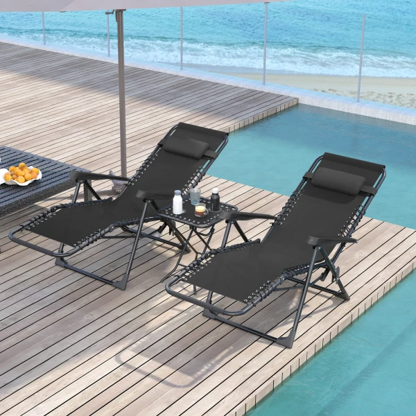 Tuinligstoel Set 3 Delig. Opvouwbare Zonneligstoel Met Theetafel 2 Stoelen Hoofdkussens, Outdoor Ligstoel Weerbestendig Relaxstoel Ligstoel Van Metaal Strandstoel Voor Tuin, Terras 90x56x110 Cm Zwart 2