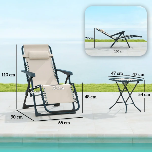 Tuinligstoel Set 3 Delig. Opvouwbare Zonneligstoel Met Theetafel 2 Stoelen Hoofdkussens, Outdoor Ligstoel Weerbestendige Relaxstoel Ligstoel Van Metaal Strandstoel Voor Tuin, Terras 90x56x110 Cm Beige 4