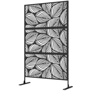 Tuinscherm 122x198cm Balkonscherm Bladpatroon Stalen Scheidingswand & Standaard Kamerverdeler Zwart 1