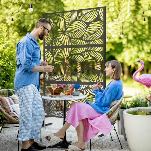 Tuinscherm 122x198cm Balkonscherm Bladpatroon Stalen Scheidingswand & Standaard Kamerverdeler Zwart 2