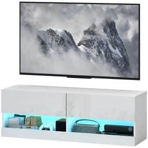 Tv Hangkast Met Kleurrijke Led Verlichting, 16 Knippermodi, Wandgemonteerde Tv Kast, Ladekast Met Laden, Open Rekken, 120 X 35 X 40,5 Cm, Hoogglans Wit 1