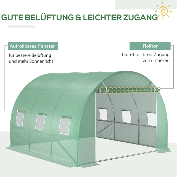 Vervangend Zeil Voor Tuin Kas Tunnel 9 M², Zeil Afmetingen 3l X 3b X 2h M Pe Anti Uv Waterdicht 6 Ramen + Rolbare Ritssluitingdeur Groen 5