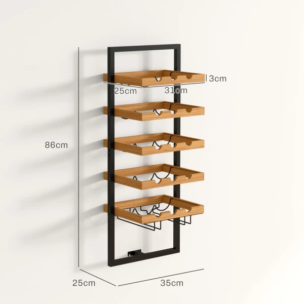 Wandmonteerbaar Wijnrek Met 5 Niveaus, Stapelbare Wijnfleshouder, Wijnstandaard Voor 15 Flessen En 4 Glazen, Vurenhout, Staal, Voor Keuken Eetkamer Bar, Bruin 4