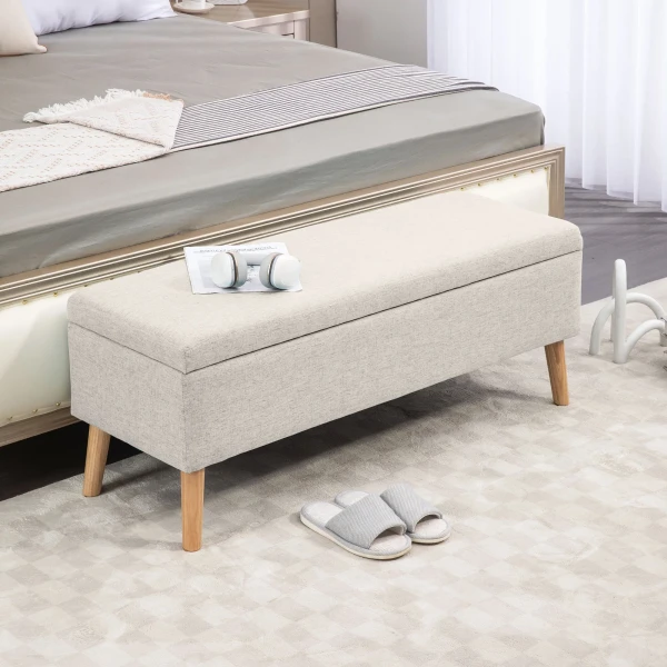 Zitbank Gestoffeerde Bank Met Opbergruimte 110 X 39 X 45 Cm In Beige Met Linnenlook Voor Hal Slaapkamer Woonkamer Gemaakt Van Rubberhout 2