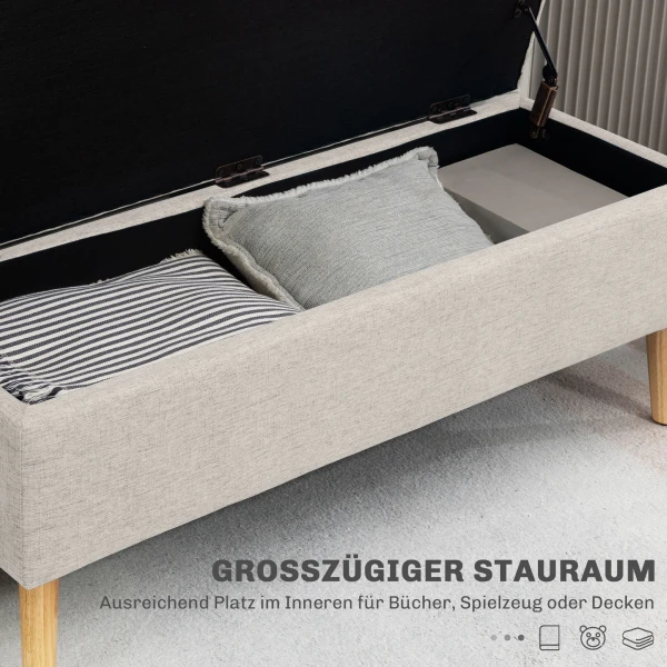 Zitbank Gestoffeerde Bank Met Opbergruimte 110 X 39 X 45 Cm In Beige Met Linnenlook Voor Hal Slaapkamer Woonkamer Gemaakt Van Rubberhout 5
