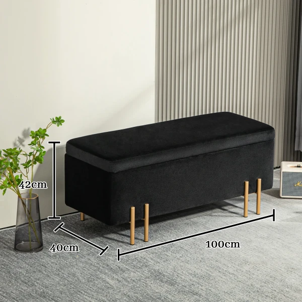 Zitbank, Gestoffeerde Bank Met Opbergruimte, Kistbank, Stof, Metaal, Rubberhout, Schuim, Zwart, 100 X 40 X 42 Cm 4
