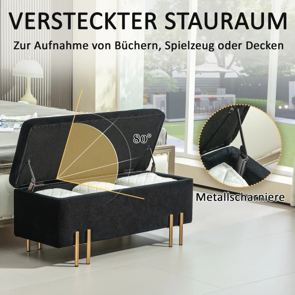 Zitbank, Gestoffeerde Bank Met Opbergruimte, Kistbank, Stof, Metaal, Rubberhout, Schuim, Zwart, 100 X 40 X 42 Cm 5