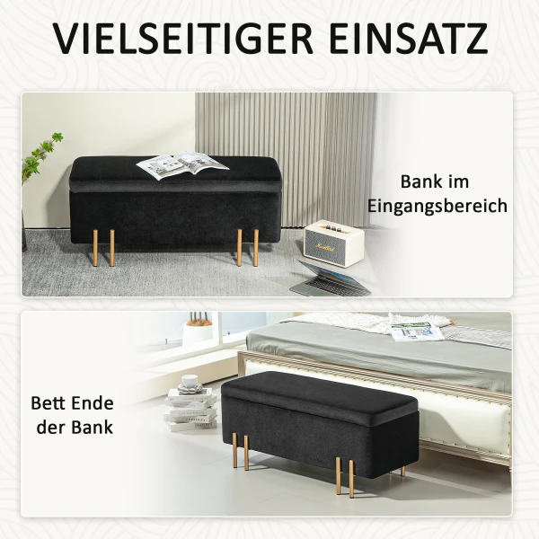 Zitbank, Gestoffeerde Bank Met Opbergruimte, Kistbank, Stof, Metaal, Rubberhout, Schuim, Zwart, 100 X 40 X 42 Cm 7