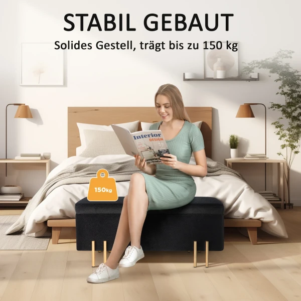 Zitbank, Gestoffeerde Bank Met Opbergruimte, Kistbank, Stof, Metaal, Rubberhout, Schuim, Zwart, 100 X 40 X 42 Cm 8
