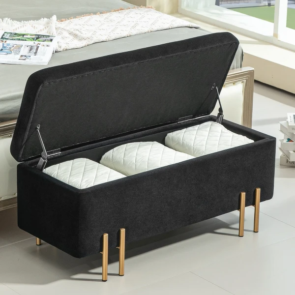 Zitbank, Gestoffeerde Bank Met Opbergruimte, Kistbank, Stof, Metaal, Rubberhout, Schuim, Zwart, 100 X 40 X 42 Cm 9