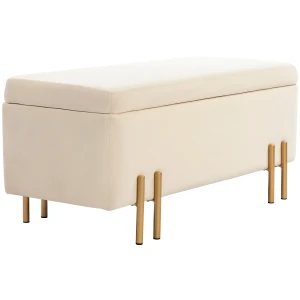 Zitbank Met Opbergruimte, Gestoffeerde Bank Met Fluweel Look, Zitkist Met Houten Poten, Kistbank Voor Woonkamer Slaapkamer Gang 100 X 40 X 42 Cm, Beige 1