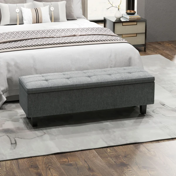 Zitbank Met Opbergruimte, Gestoffeerde Bank Met Linnenlook, Houten Poten, Moderne Bedbank Voor Hal, Slaapkamer, Woonkamer, 138 X 40 X 45 Cm, Donkergrijs 2