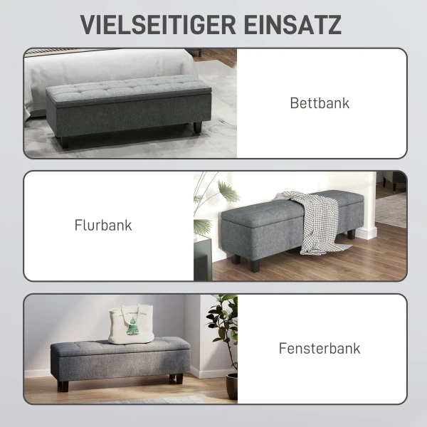 Zitbank Met Opbergruimte, Gestoffeerde Bank Met Linnenlook, Houten Poten, Moderne Bedbank Voor Hal, Slaapkamer, Woonkamer, 138 X 40 X 45 Cm, Donkergrijs 7